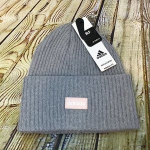 adidas Women's Four Inch Cuff Fit Gray Cable Knit Pink Logo Beanie